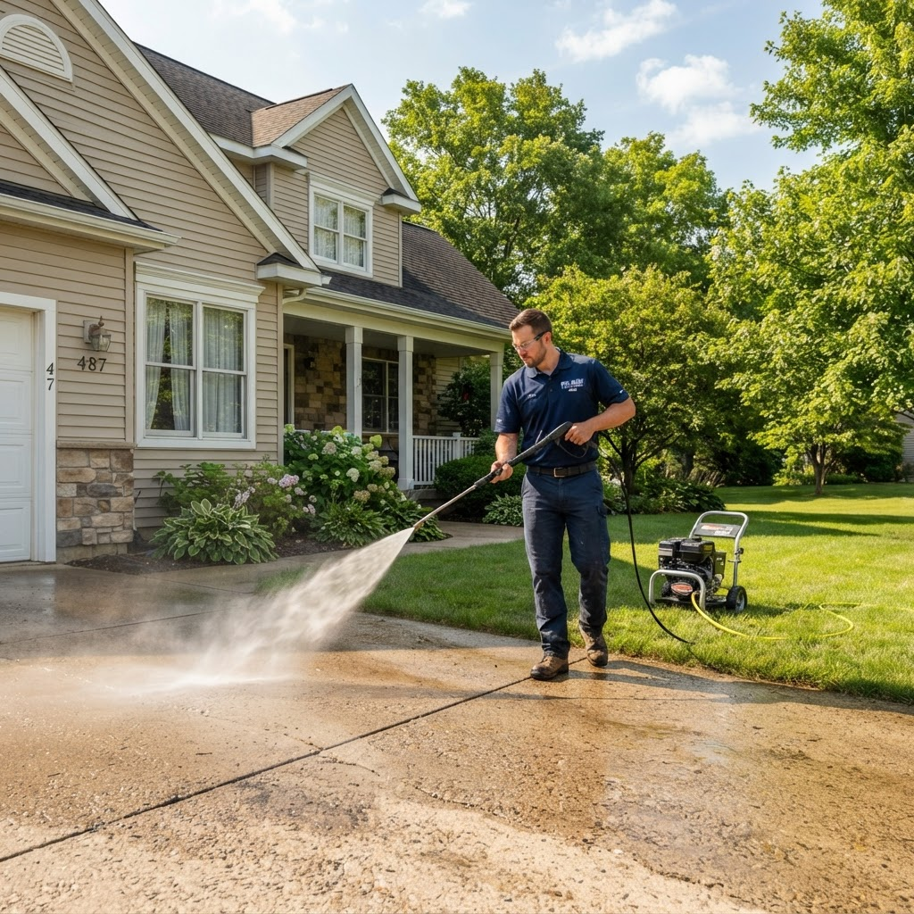 Pressure washing a residential driveway